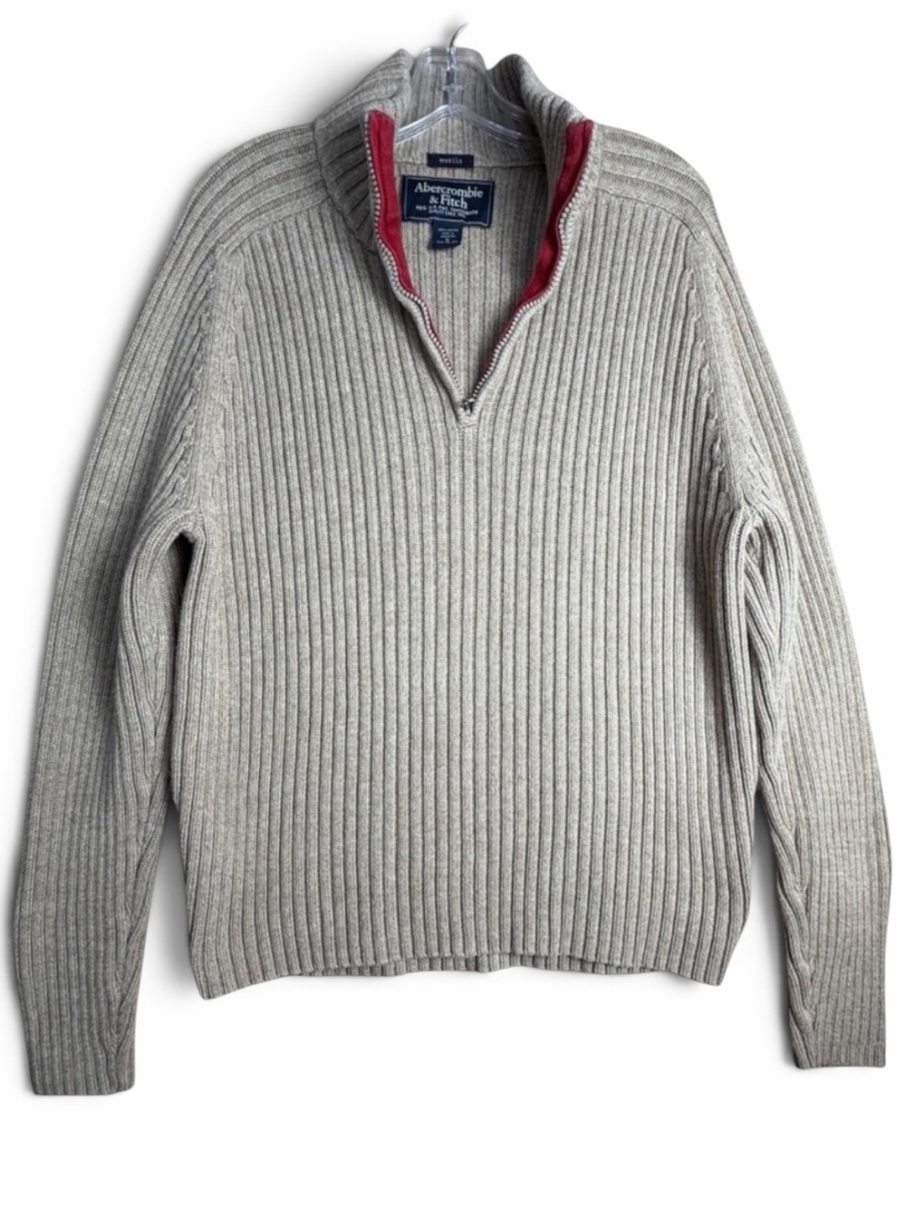 Abercrombie & Fitch Vintage Ribbed Cotton Quarter Zip Sweater Taupe Mens XL